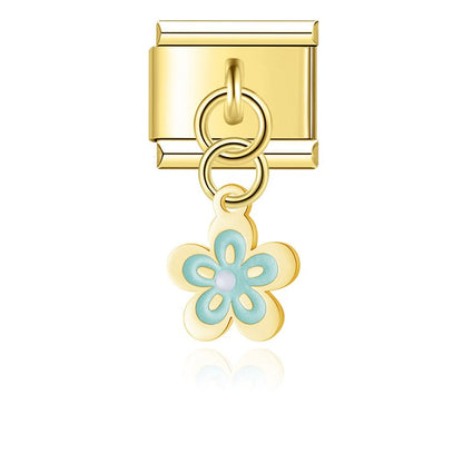 Gold light blue enamel spring blossom flower dangle — Italian charm, by Charmtastic