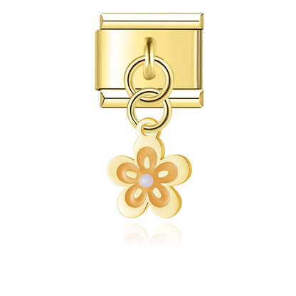 Gold lilac enamel spring blossom flower dangle — Italian charm, by Charmtastic