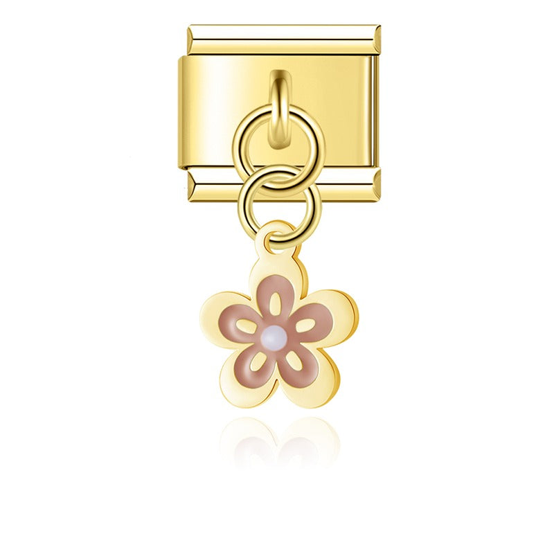Gold mocha enamel spring blossom flower dangle — Italian charm, by Charmtastic