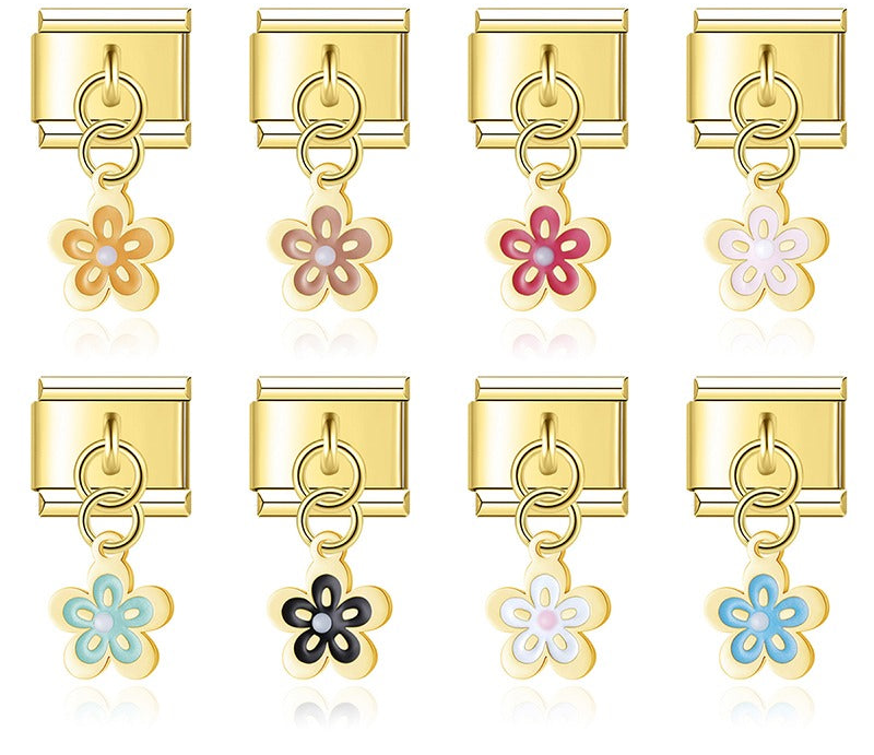 Gold enamel spring blossom flower dangle Italian charms collection, by Charmtastic