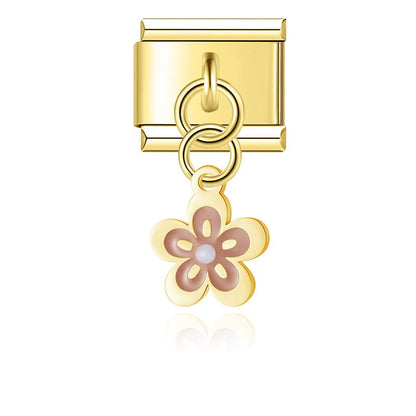 Enamel spring blossom flower dangle Italian charm detail — 9mm bracelet, by Charmtastic