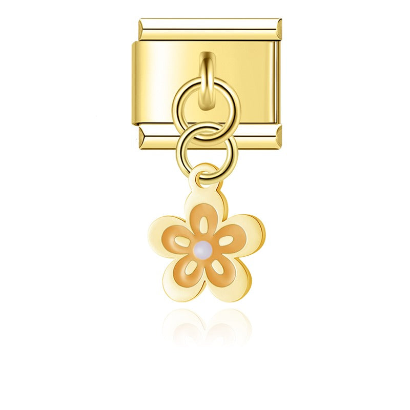 Enamel spring blossom flower dangle Italian charm close-up — 9mm bracelet, by Charmtastic