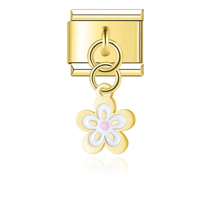 Gold white enamel spring blossom flower dangle — Italian charm, by Charmtastic