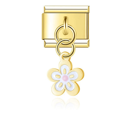 Gold white enamel spring blossom flower dangle — Italian charm, by Charmtastic