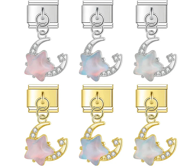 9mm Italian charm bracelet link featuring an iridescent star and crystal-encrusted crescent moon dangle in silver and gold hardware for personalized celestial jewelry.