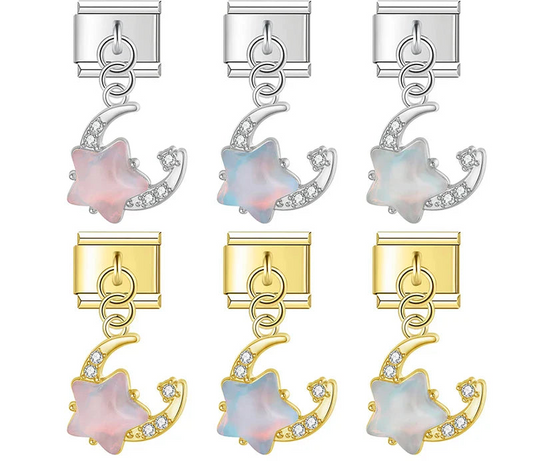 9mm Italian charm bracelet link featuring an iridescent star and crystal-encrusted crescent moon dangle in silver and gold hardware for personalized celestial jewelry.