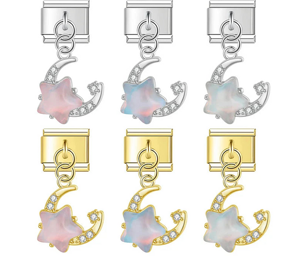9mm Italian charm bracelet link featuring an iridescent star and crystal-encrusted crescent moon dangle in silver and gold hardware for personalized celestial jewelry.