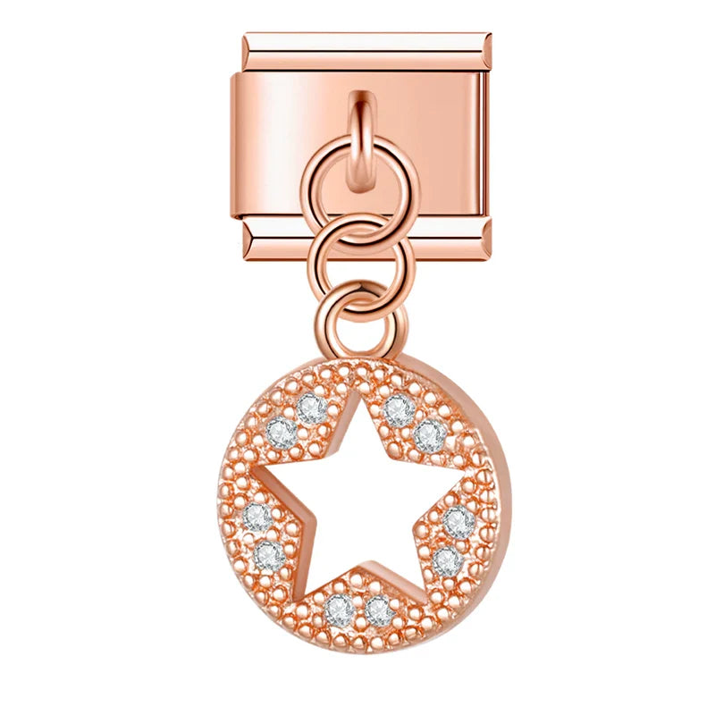 Rose gold star circle CZ dangle Italian charm, by Charmtastic