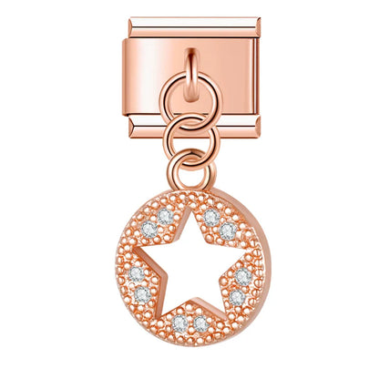 Rose gold star circle CZ dangle Italian charm, by Charmtastic
