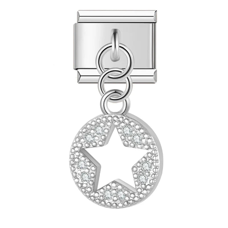 Silver star circle CZ dangle Italian charm, by Charmtastic