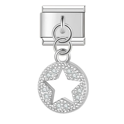 Silver star circle CZ dangle Italian charm, by Charmtastic