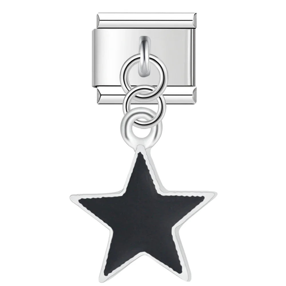 Color Glaze Stars Shiny Charms Silver & Gold – open outline star charm in black enamel on silver, Italian charm bracelet charm by Charmtastic