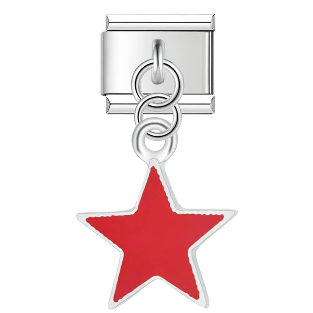 Color Glaze Stars Shiny Charms Silver & Gold – open outline star charm in red enamel on silver, Italian charm bracelet charm by Charmtastic