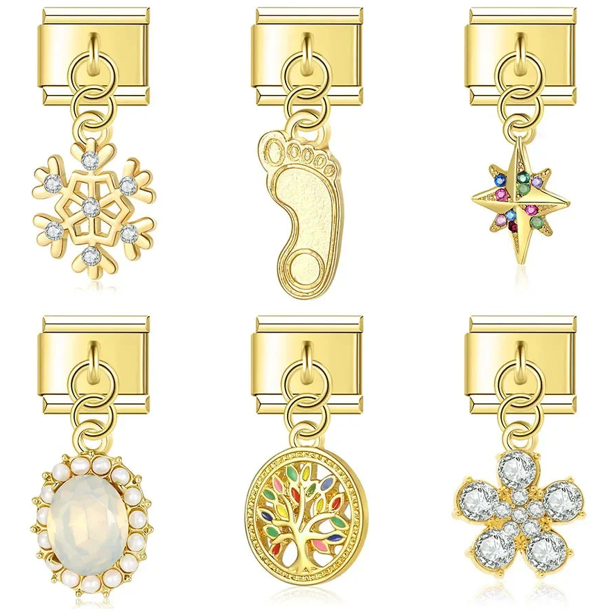 Star Snowflake Footprints tree golden charms – gold Italian charm set including snowflake, footprint, star, opal and pearl oval, tree of life, and flower charms, Italian charm bracelet charms by Charmtastic