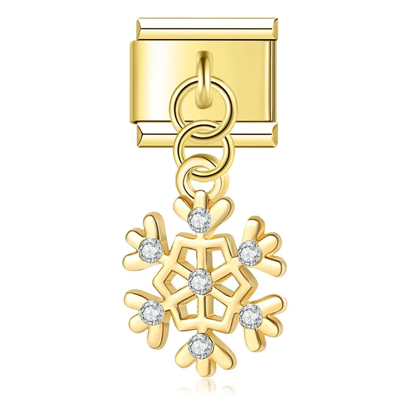 Star Snowflake Footprints tree golden charms – gold snowflake charm with clear crystals, Italian charm bracelet charm by Charmtastic