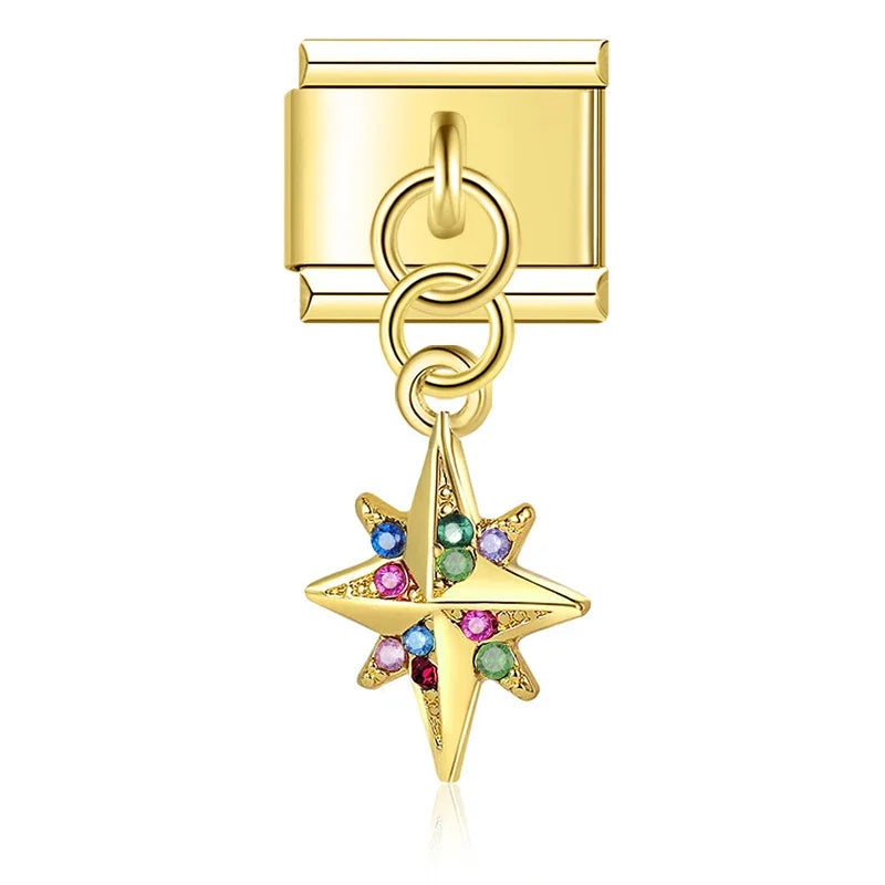 Star Snowflake Footprints tree golden charms – gold star charm with multicolor crystal gems, Italian charm bracelet charm by Charmtastic