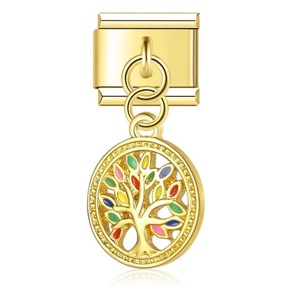 Star Snowflake Footprints tree golden charms – gold tree of life disc charm with colorful enamel leaves, Italian charm bracelet charm by Charmtastic