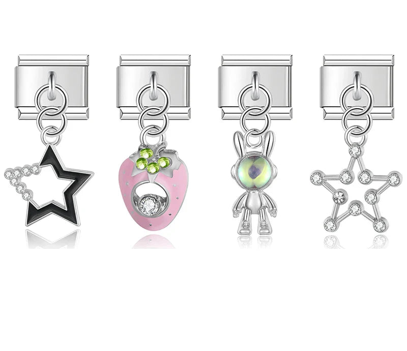 Stars, strawberry and rabbit silver Italian charms, by Charmtastic