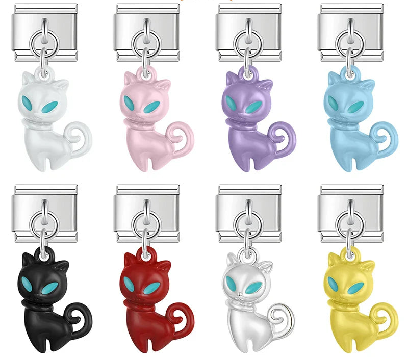 A collection of 9mm silver Italian charms featuring stylized cat dangles. The cats have turquoise eyes and are available in white, pink, purple, blue, black, red, silver, and yellow enamel.