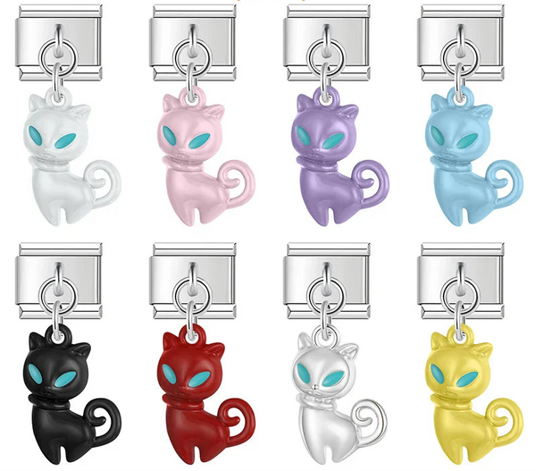 A collection of 9mm silver Italian charms featuring stylized cat dangles. The cats have turquoise eyes and are available in white, pink, purple, blue, black, red, silver, and yellow enamel.