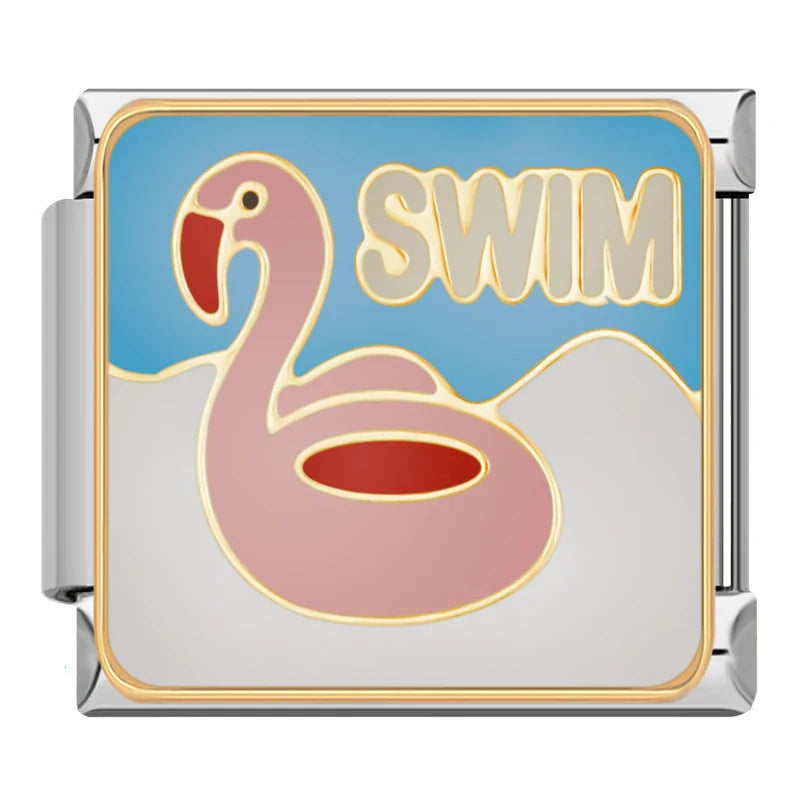 Summer Holiday & Tropical Vacation Enamel Charms – pink flamingo pool float with SWIM text enamel charm, Italian charm bracelet charm by Charmtastic