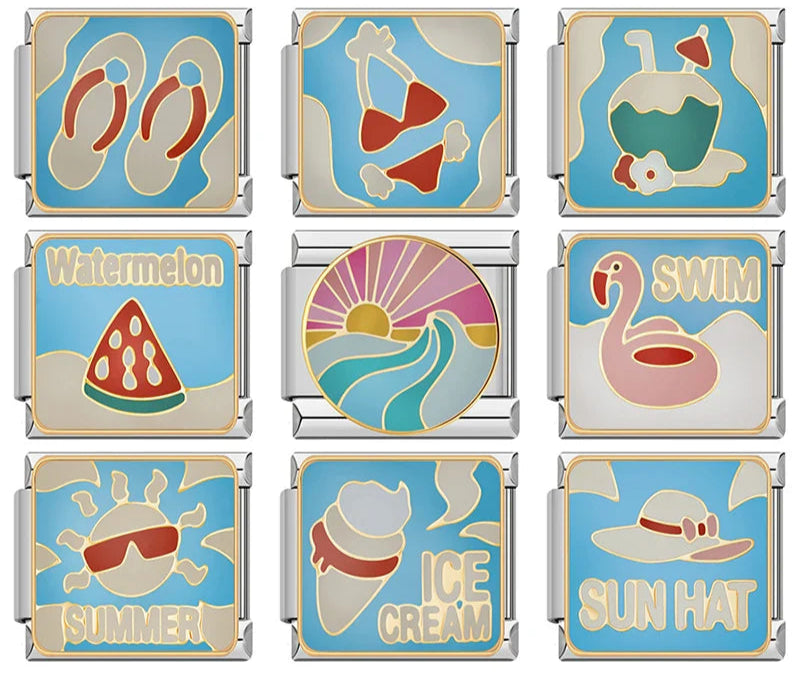 Summer Holiday & Tropical Vacation Enamel Charms – overview of enamel charms: flip flops, bikini, coconut drink, Watermelon slice, sunset over waves, SWIM flamingo float, SUMMER sun with sunglasses, ICE CREAM cone, and SUN HAT, Italian charm bracelet charms by Charmtastic
