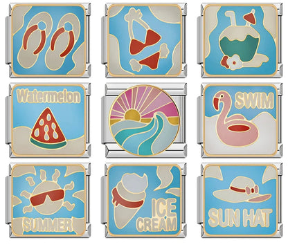 Summer Holiday & Tropical Vacation Enamel Charms – overview of enamel charms: flip flops, bikini, coconut drink, Watermelon slice, sunset over waves, SWIM flamingo float, SUMMER sun with sunglasses, ICE CREAM cone, and SUN HAT, Italian charm bracelet charms by Charmtastic
