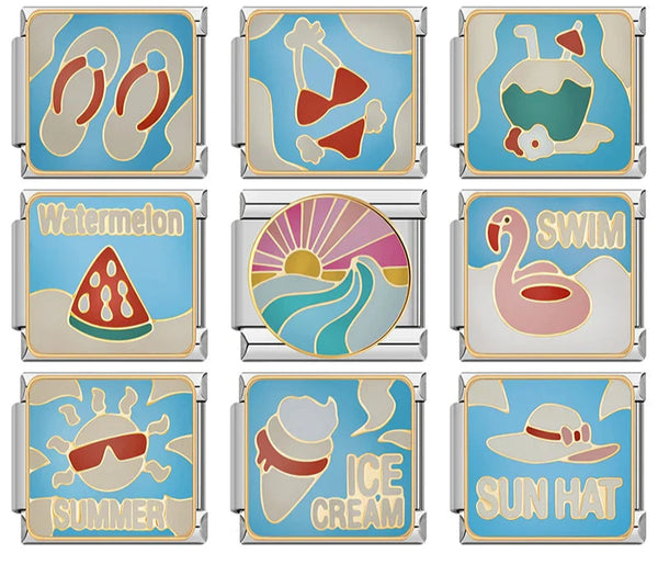 Summer Holiday & Tropical Vacation Enamel Charms – overview of enamel charms: flip flops, bikini, coconut drink, Watermelon slice, sunset over waves, SWIM flamingo float, SUMMER sun with sunglasses, ICE CREAM cone, and SUN HAT, Italian charm bracelet charms by Charmtastic