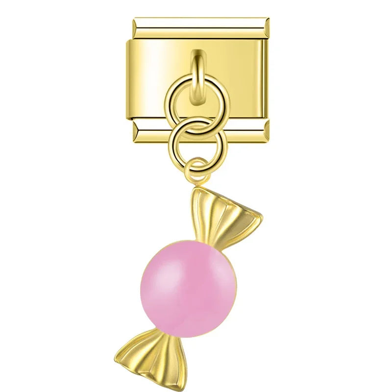 Gold candy dangle with pink center — Italian charm, by Charmtastic