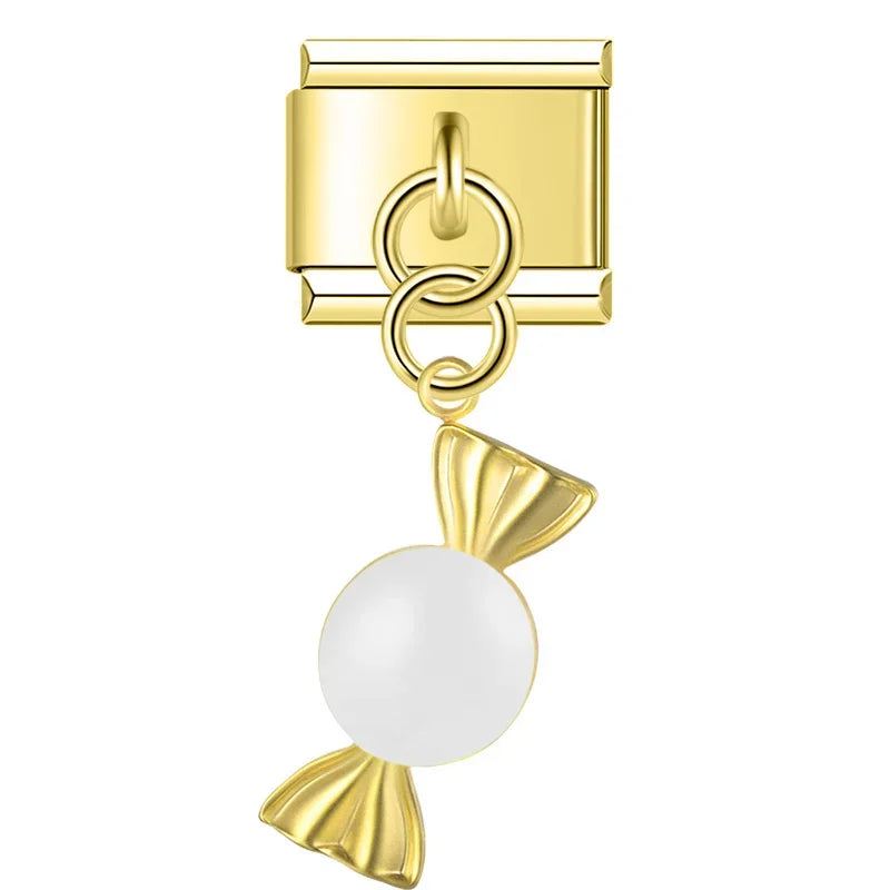 Gold candy dangle with white center — Italian charm, by Charmtastic