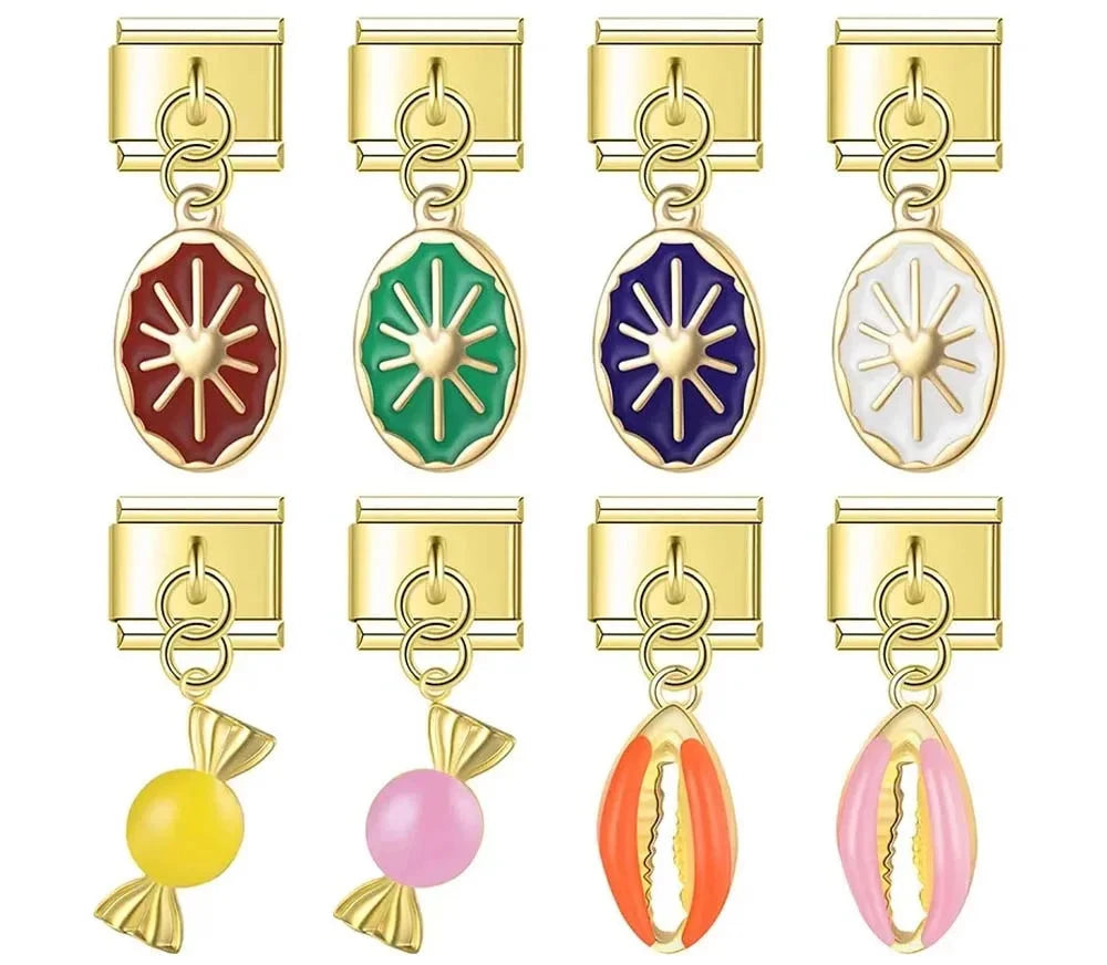 Gold sun, candy and cowrie shell dangle Italian charms collection, by Charmtastic