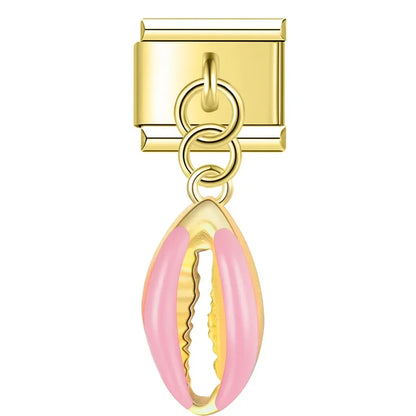 Gold cowrie shell dangle with light pink enamel — Italian charm, by Charmtastic