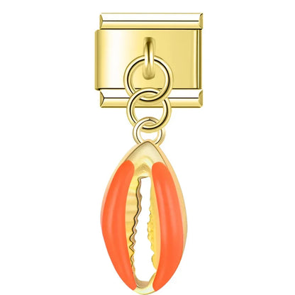 Gold cowrie shell dangle with orange enamel — Italian charm, by Charmtastic