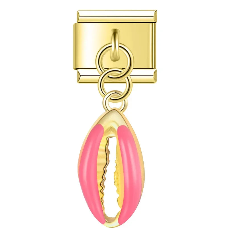 Gold cowrie shell dangle with pink enamel — Italian charm, by Charmtastic