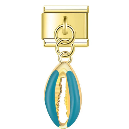 Gold cowrie shell dangle with teal enamel — Italian charm, by Charmtastic