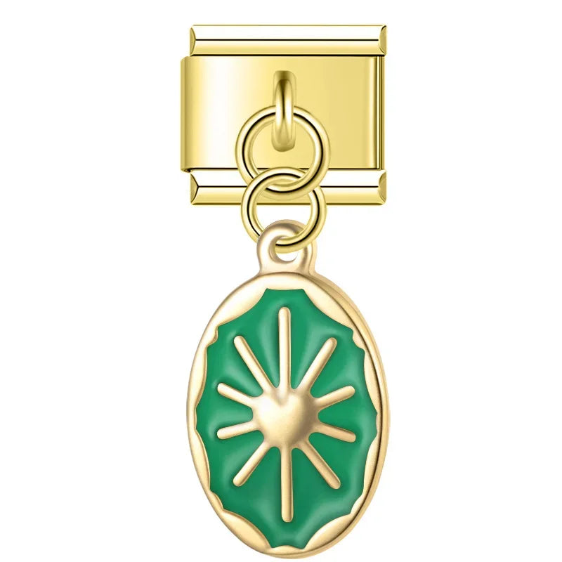 Gold sun oval dangle with green enamel — Italian charm, by Charmtastic