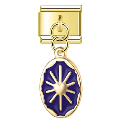 Gold sun oval dangle with navy enamel — Italian charm, by Charmtastic