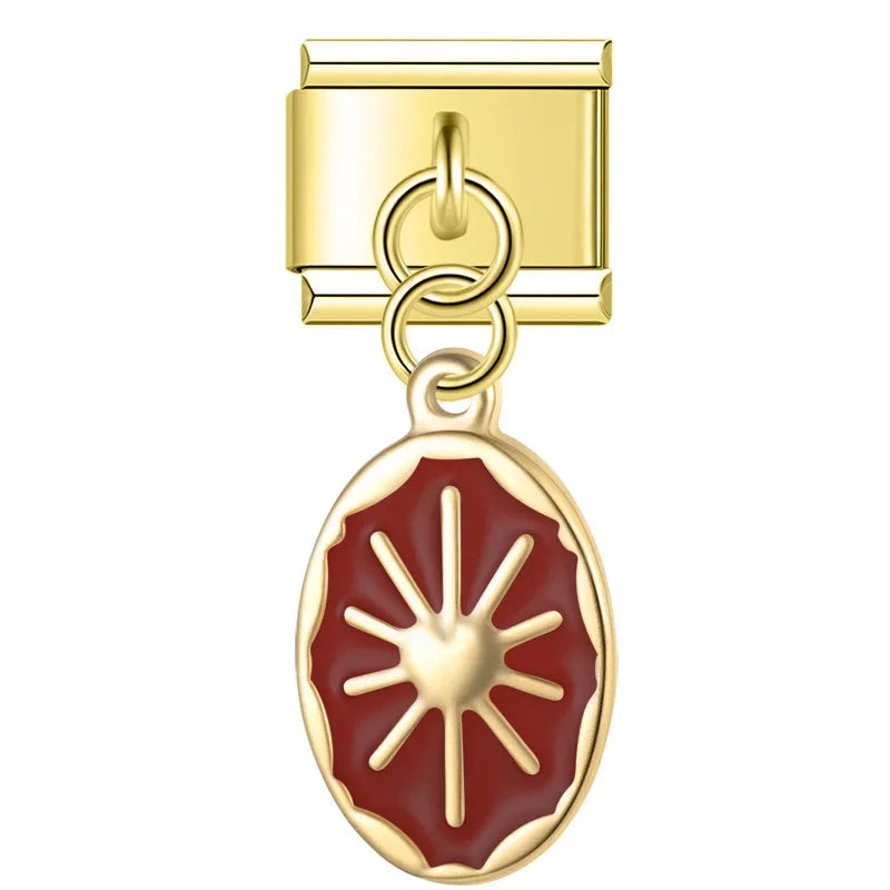 Gold sun oval dangle with red enamel — Italian charm, by Charmtastic