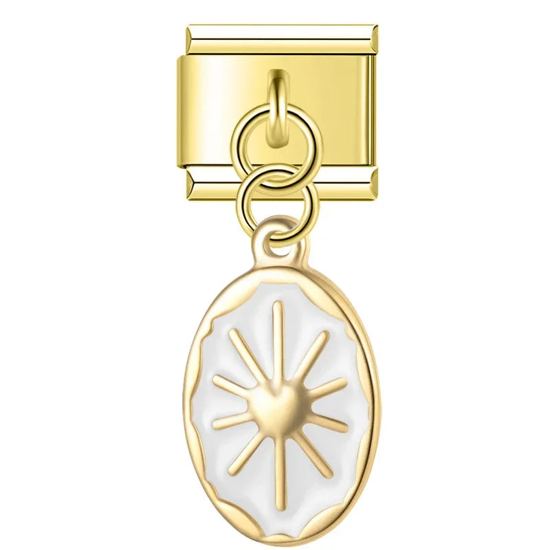 Gold sun oval dangle with white enamel — Italian charm, by Charmtastic