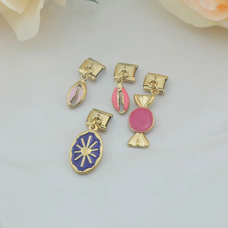 Sun, candy and shell dangle Italian charm — 9mm bracelet, by Charmtastic