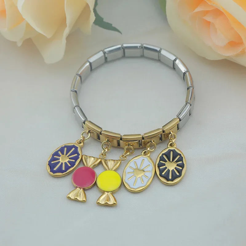 Sun, candy and shell dangle Italian charm detail — 9mm bracelet, by Charmtastic
