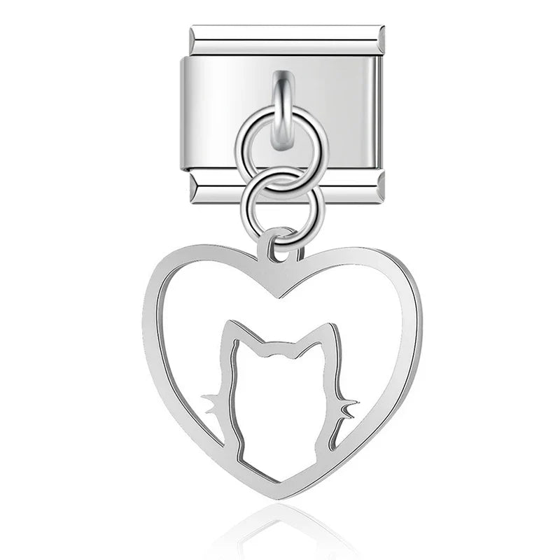 Sweet Cat Cat Owl charms – heart-shaped cat silhouette dangle charm in silver, Italian charm bracelet charm by Charmtastic