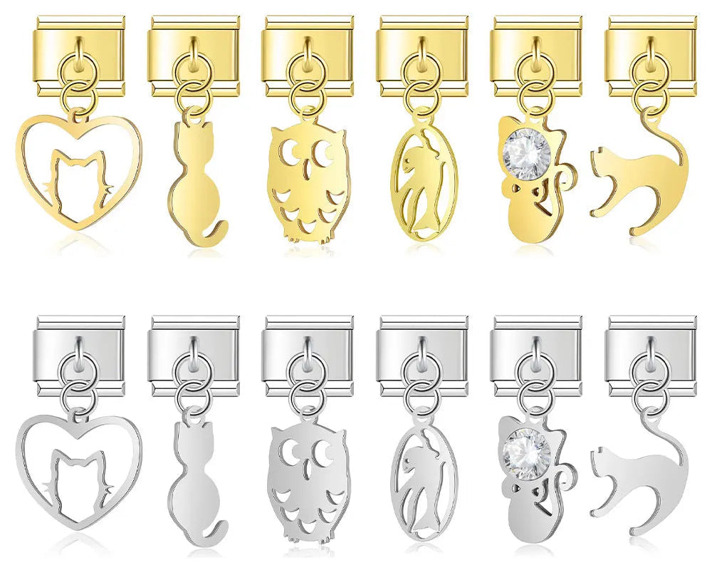 Sweet Cat Cat Owl charms – heart cat, sitting cat, owl, cat silhouette, cat with crystal, and arching cat dangle charms in gold and silver, Italian charm bracelet charms by Charmtastic