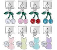 Sweet Cherry & Floral Kitty Dangle Italian Charms in Silver — Enamel Cherry & Pastel Cat Dangle Links