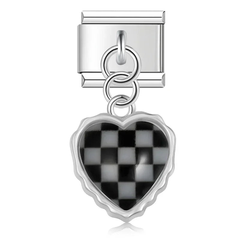 Checkered heart dangle Italian charm, by Charmtastic