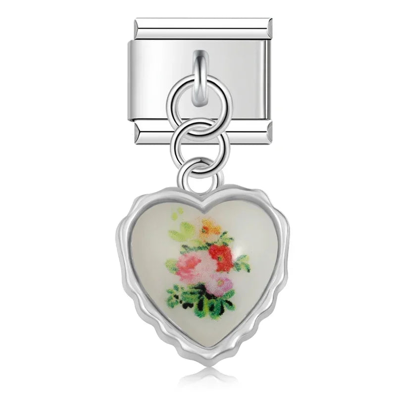 Rose floral heart dangle Italian charm, by Charmtastic