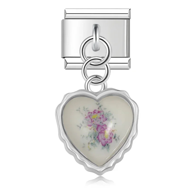 Floral heart dangle Italian charm, by Charmtastic