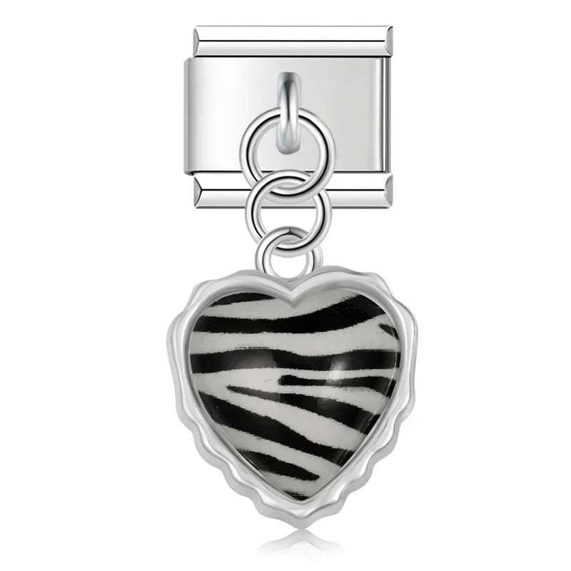 Zebra print heart dangle Italian charm, by Charmtastic