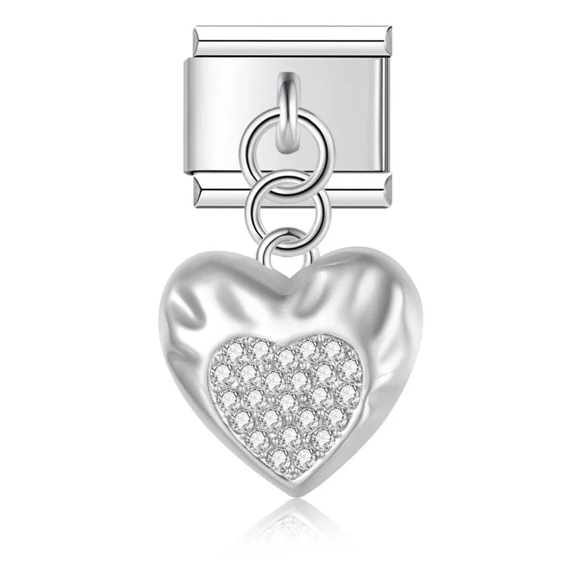Sweet Heart Lock Moon Unicorn silver charms – silver puffy heart charm with clear CZ pave, Italian charm bracelet charm by Charmtastic