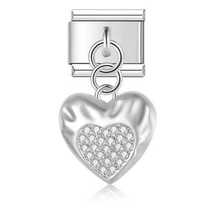 Sweet Heart Lock Moon Unicorn silver charms – silver puffy heart charm with clear CZ pave, Italian charm bracelet charm by Charmtastic